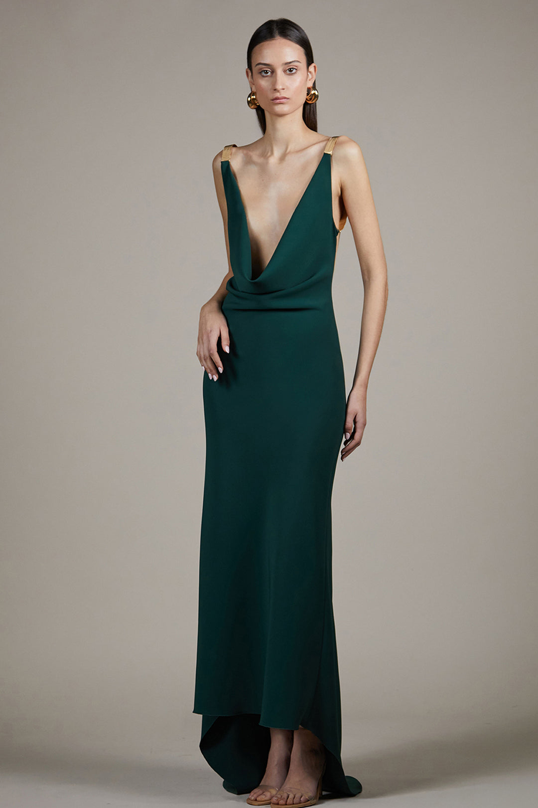 form fitting formal dresses Plunging forest Green gown with gold hardware straps Dark Green / US 20