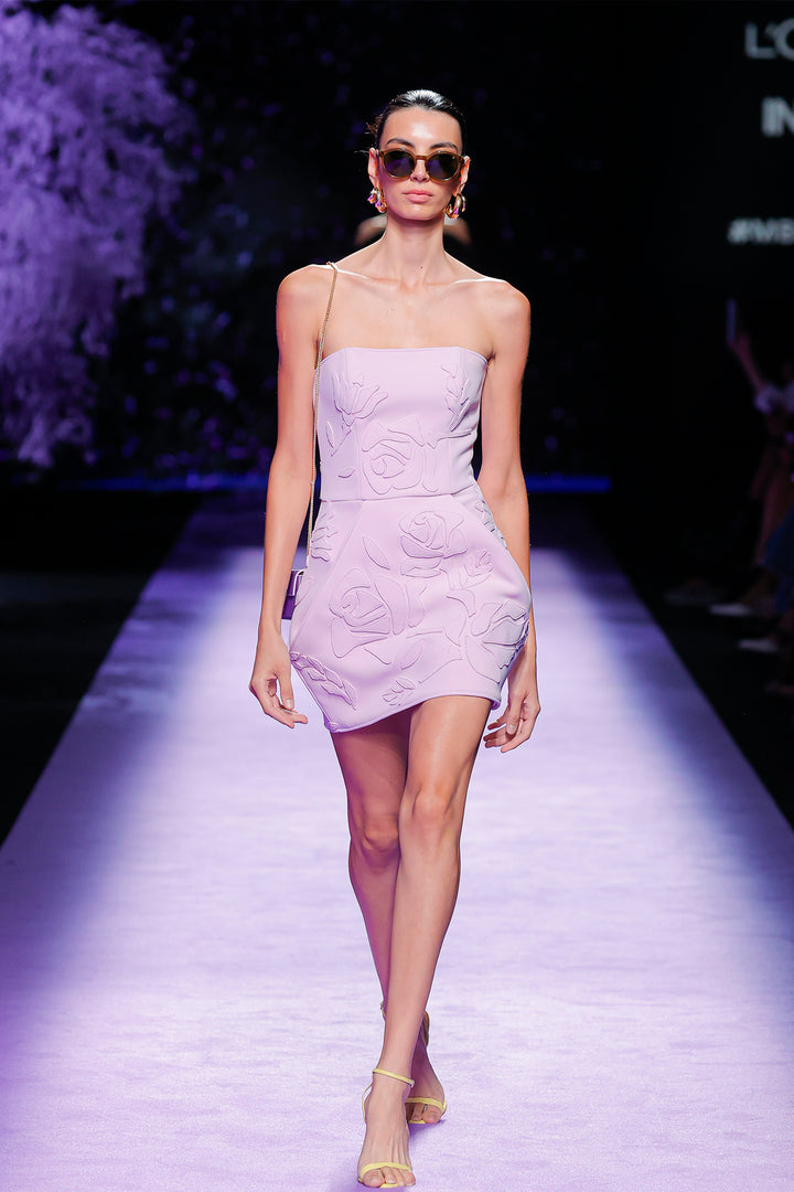 Strapless Dress with Rose Motif Embossing and Architectural Side Points