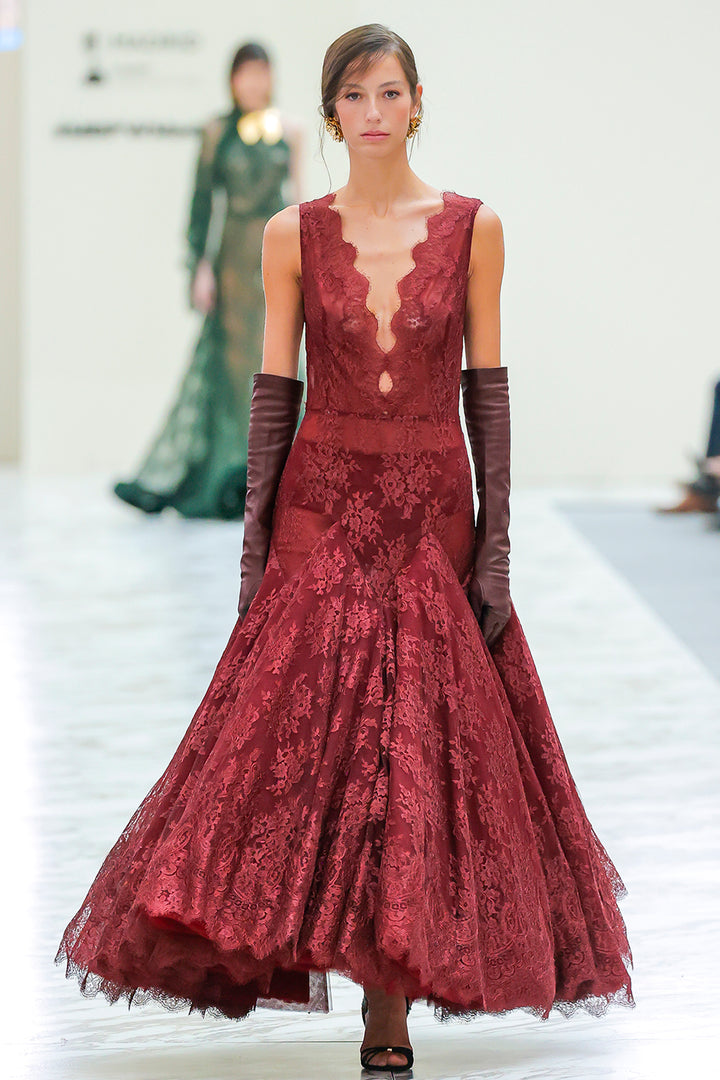 Scalloped Lace V-Neck A-Line Dress