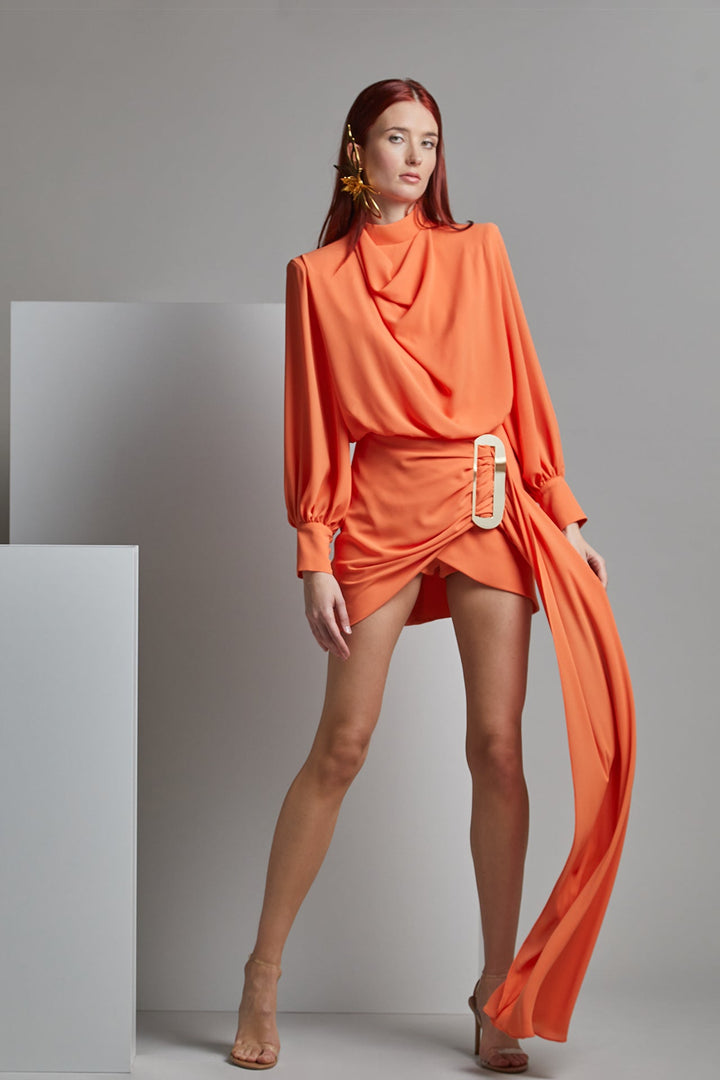 Long-Sleeved Draped Mini Dress