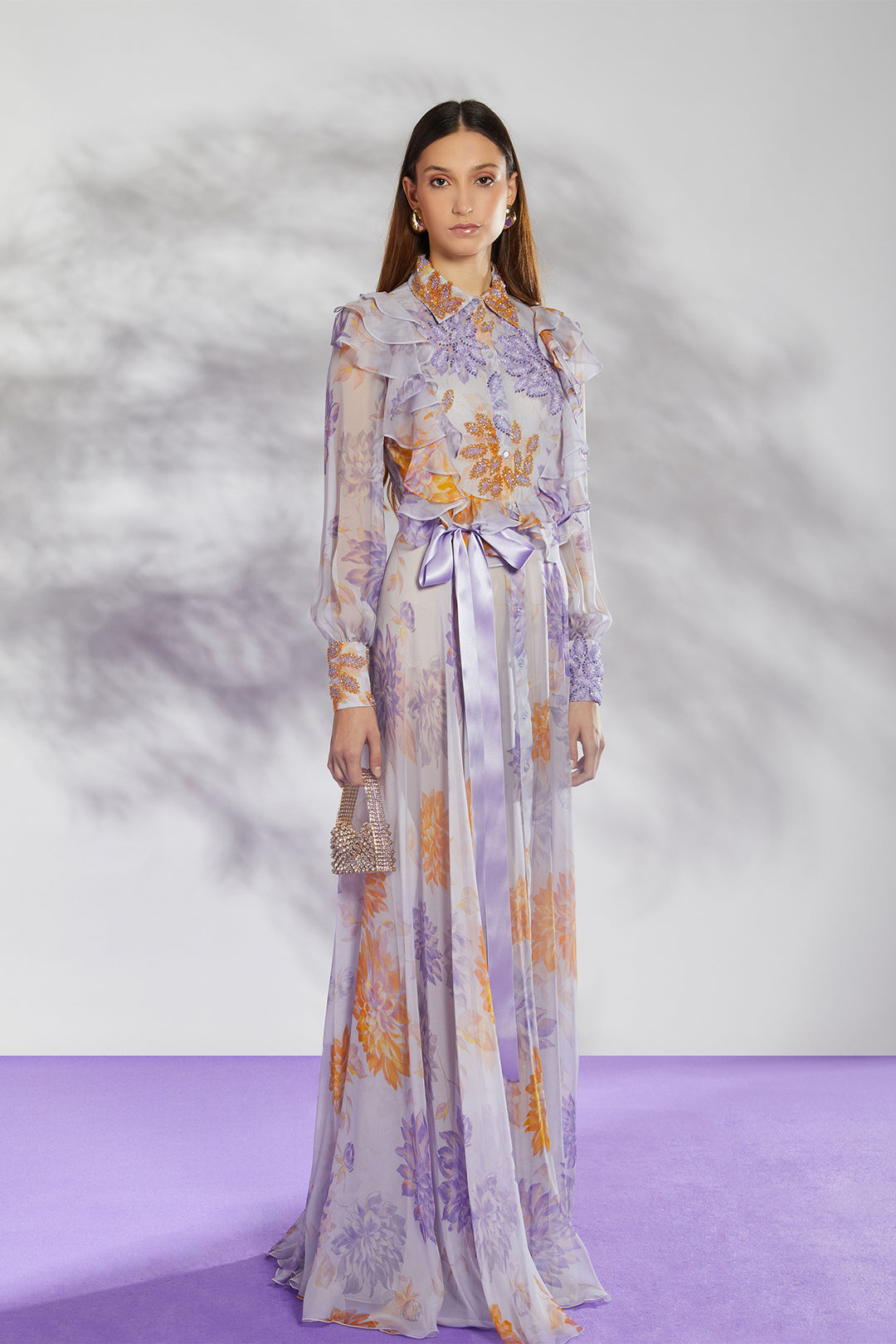 Floral Print Silk Chiffon Dress with Ruffled Neckline and Sweep Train M.R DESIGN Floral Print Silk Chiffon Dress with Ruffled Neckline and Sweep Train M.R DESIGN