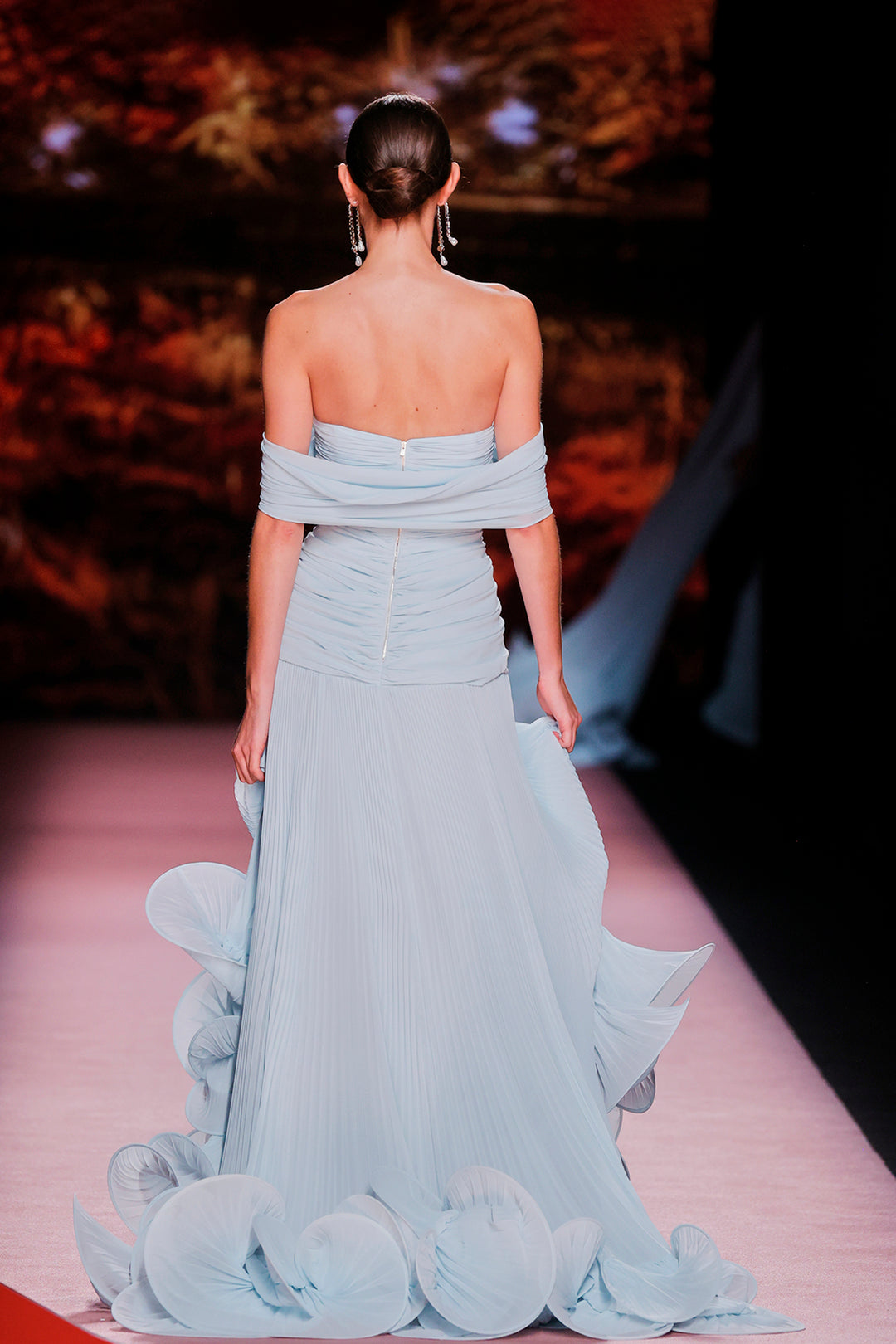 Off-Shoulder Pleated Gown with Sculptural Ruffle Hem Light Blue / US 20 Off-Shoulder Pleated Gown with Sculptural Ruffle Hem Light Blue / US 20