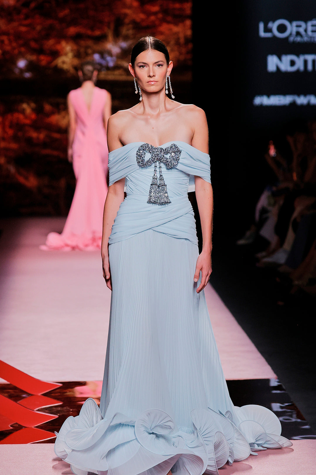 Off-Shoulder Pleated Gown with Sculptural Ruffle Hem Light Blue / US 20 Off-Shoulder Pleated Gown with Sculptural Ruffle Hem Light Blue / US 20