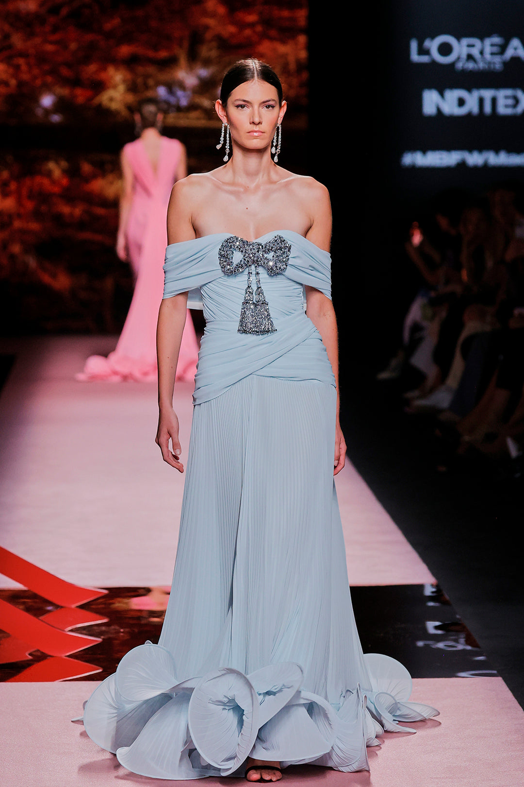 Off-Shoulder Pleated Gown with Sculptural Ruffle Hem Light Blue / US 20 Off-Shoulder Pleated Gown with Sculptural Ruffle Hem Light Blue / US 20