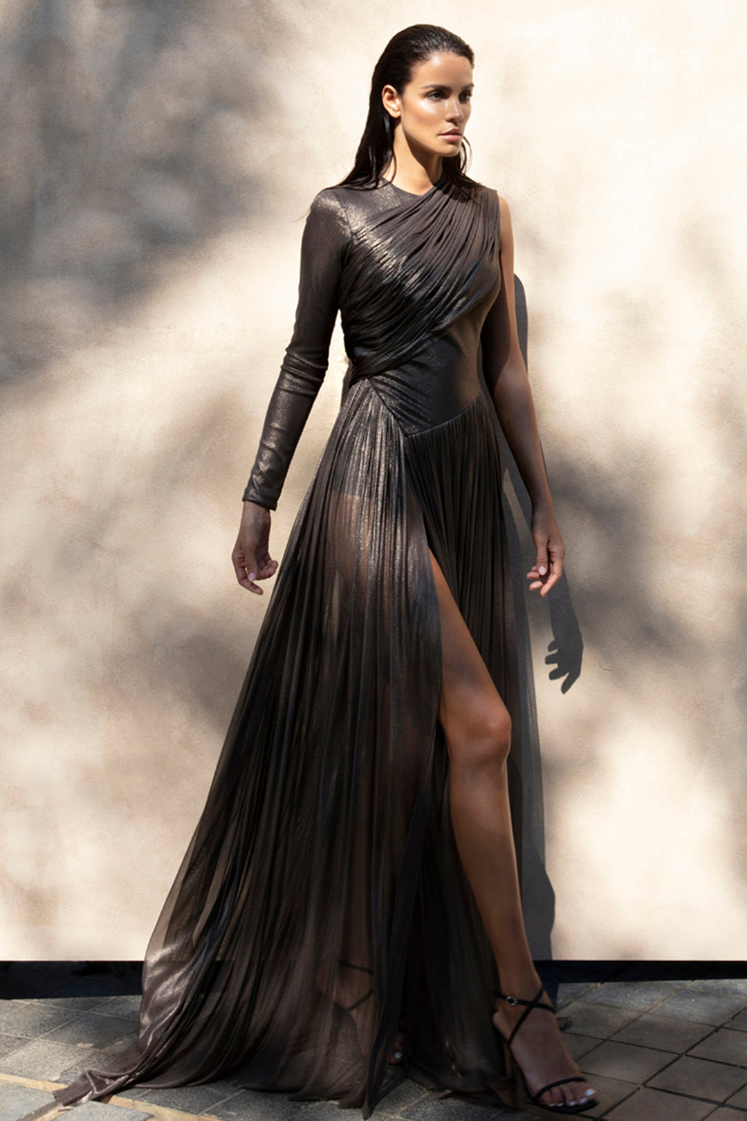 One Sleeve Silk Foiled Tulle Dress