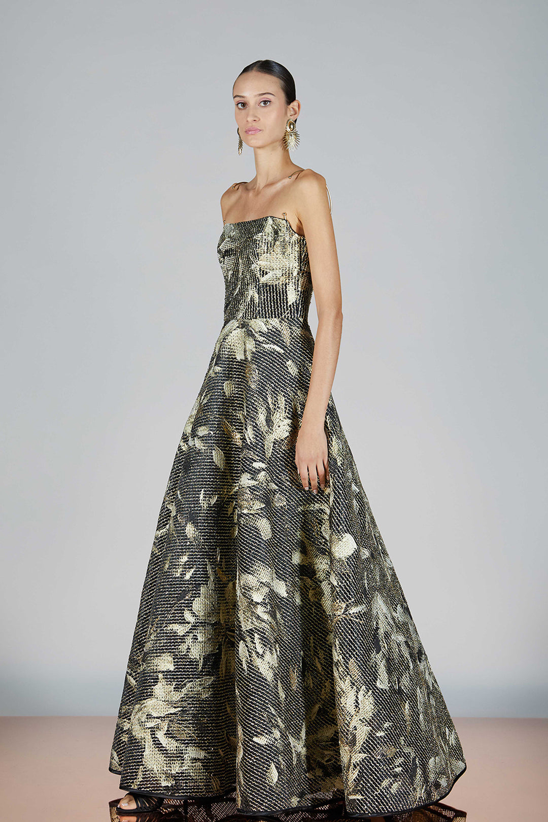 Strapless Gold-Black Gown with Textured Floral Brocade Gold / US 6 Strapless Gold-Black Gown with Textured Floral Brocade Gold / US 6