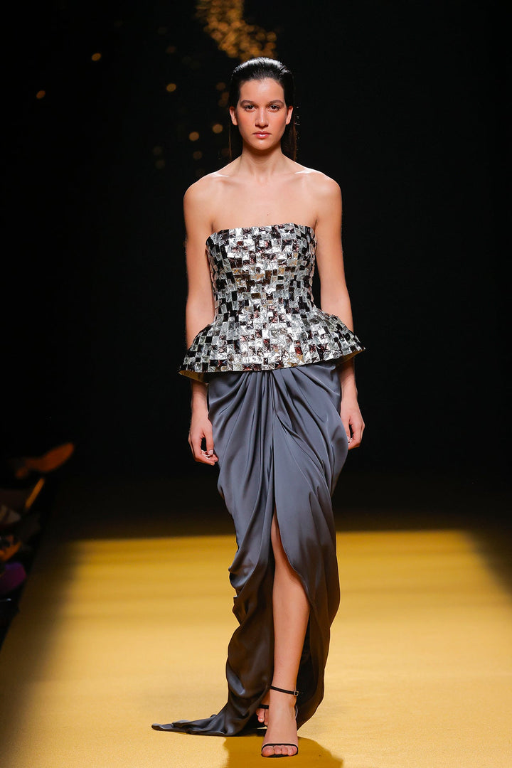 Strapless Sequined Top with Draped Skirt