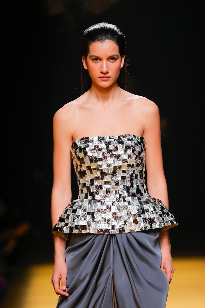 Strapless Sequined Top with Draped Skirt