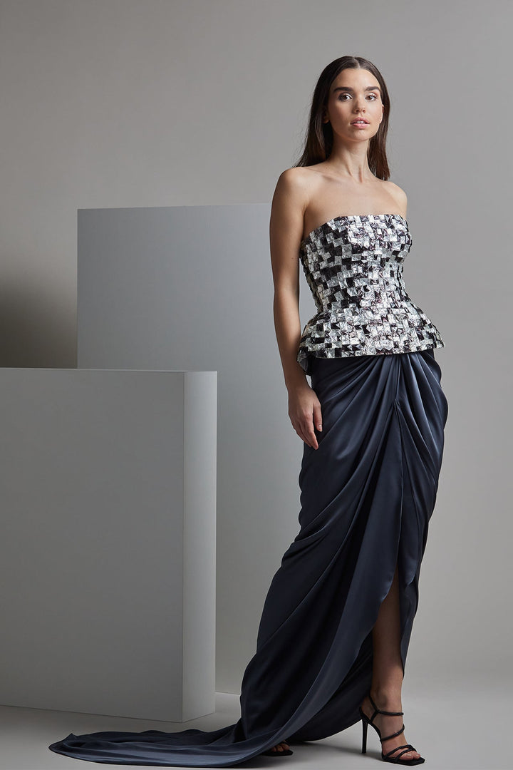 Strapless Sequined Top with Draped Skirt