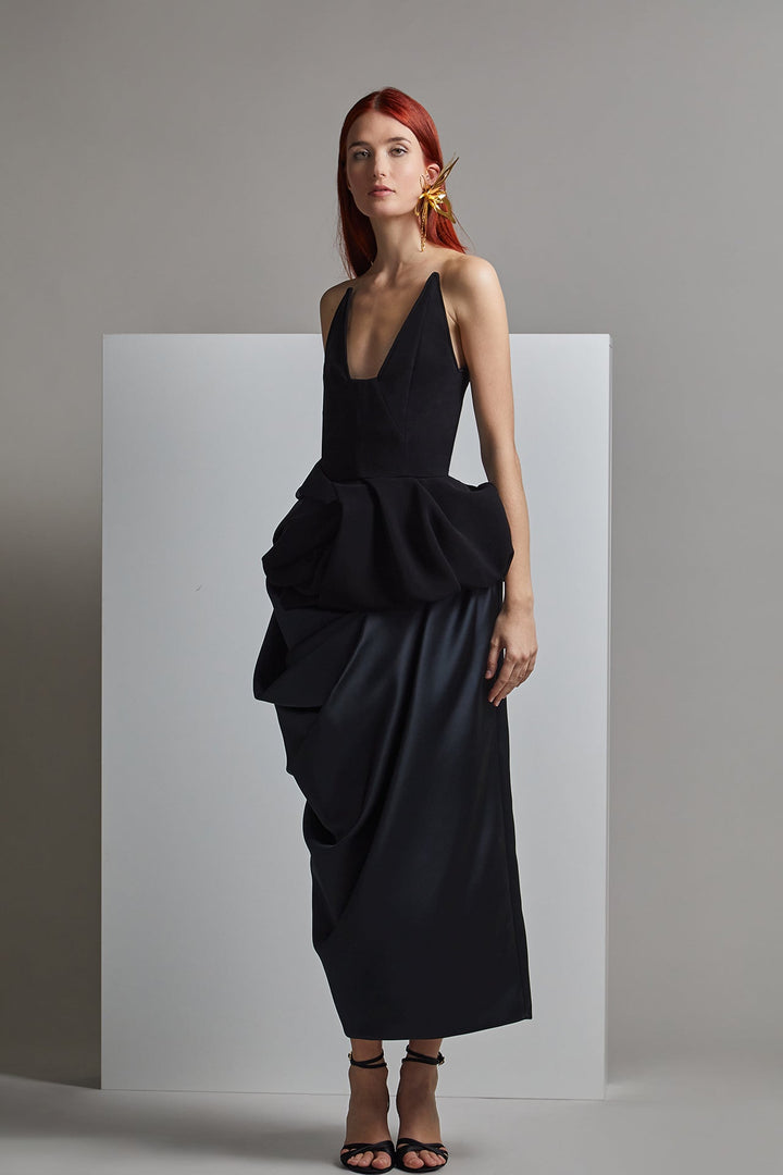 Strapless Draped Puffy Midi Dress