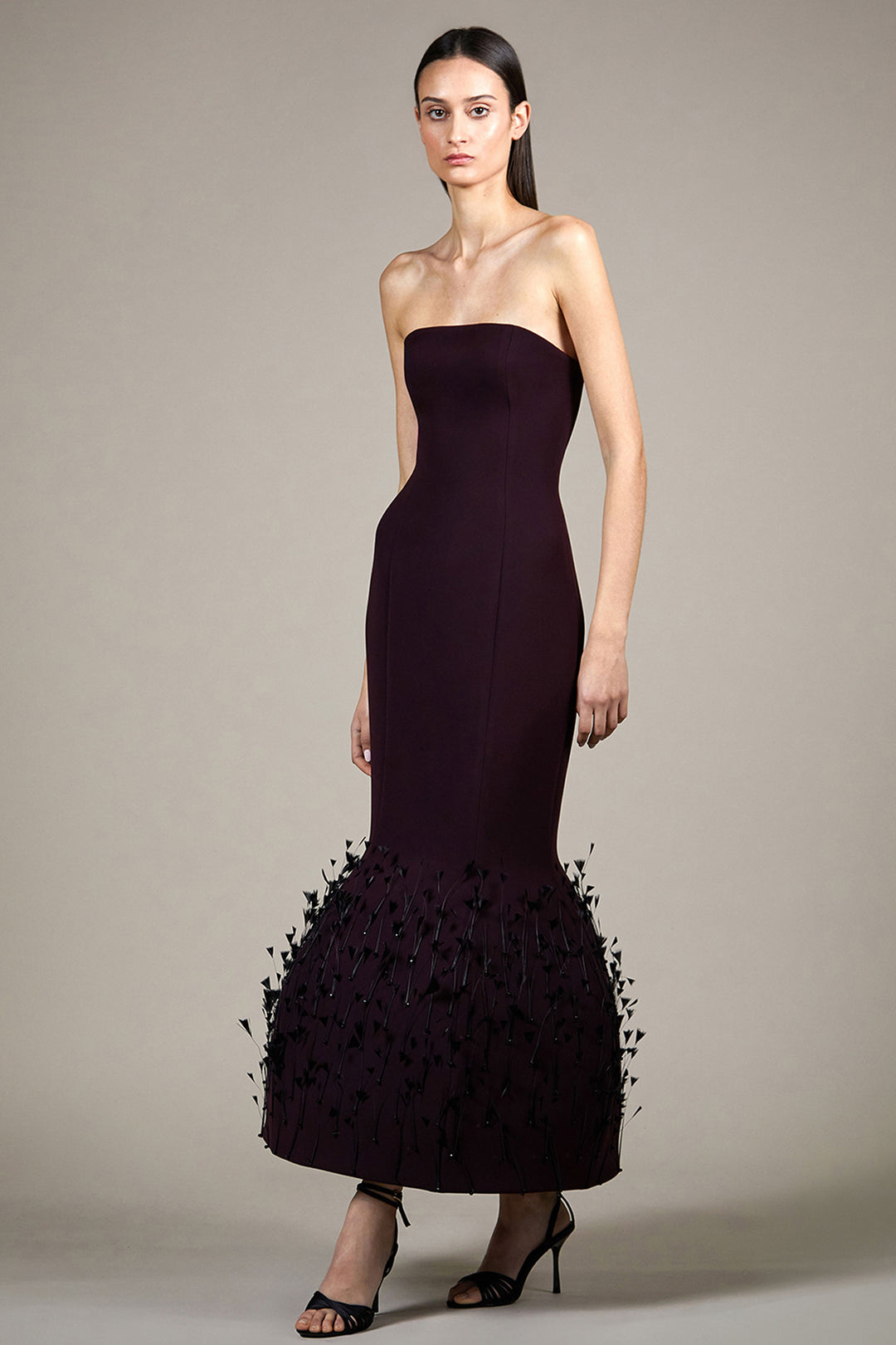 Strapless Fitted Dress with 3D Feather Embellishment