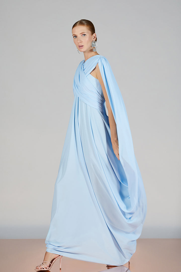 Cape-Neckline Crepe Column Dress