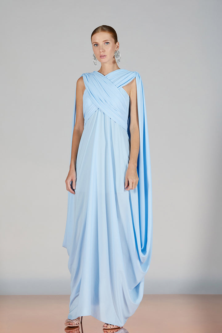 Cape-Neckline Crepe Column Dress
