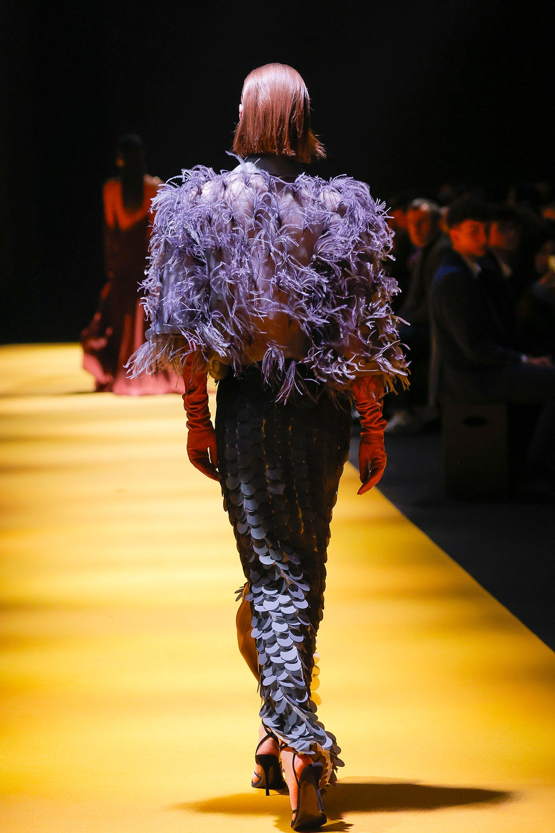 Feathered Puffy Shirt with Floral Sequined Skirt