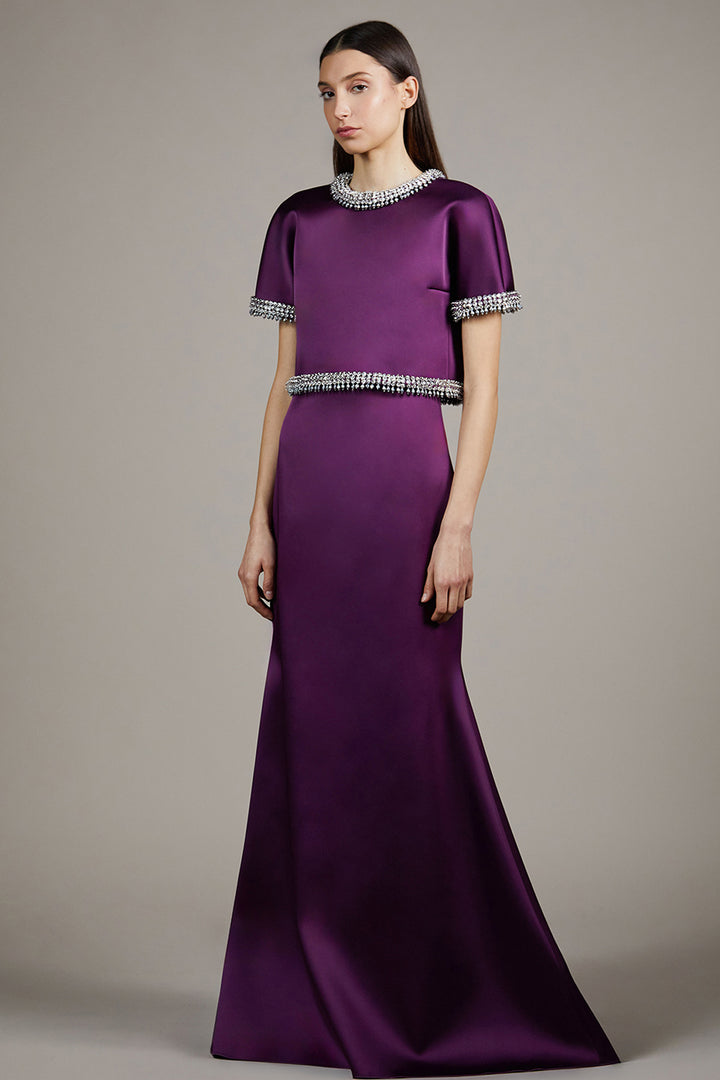 Crystal-Bordered Satin Trumpet Dress