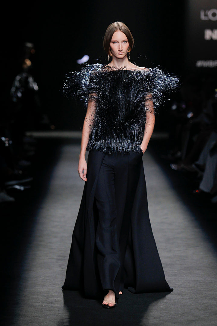 Off-The-Shoulder Jumpsuit with Feathers and Overskirt