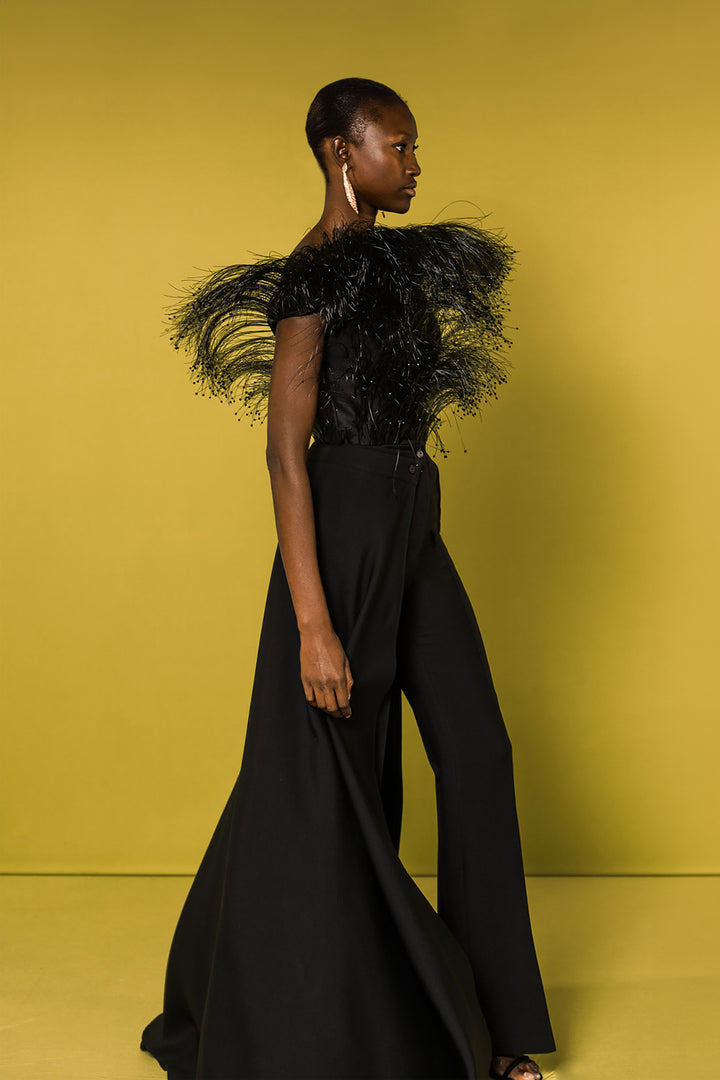 Off-The-Shoulder Jumpsuit with Feathers and Overskirt