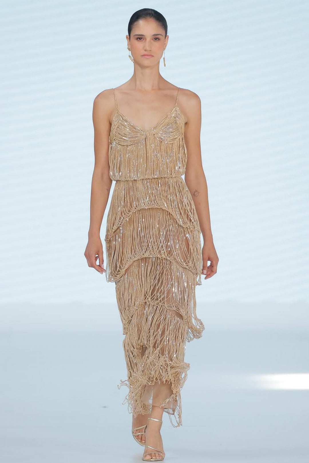 Tiered Beaded Fringe Dress Champagne / US 10