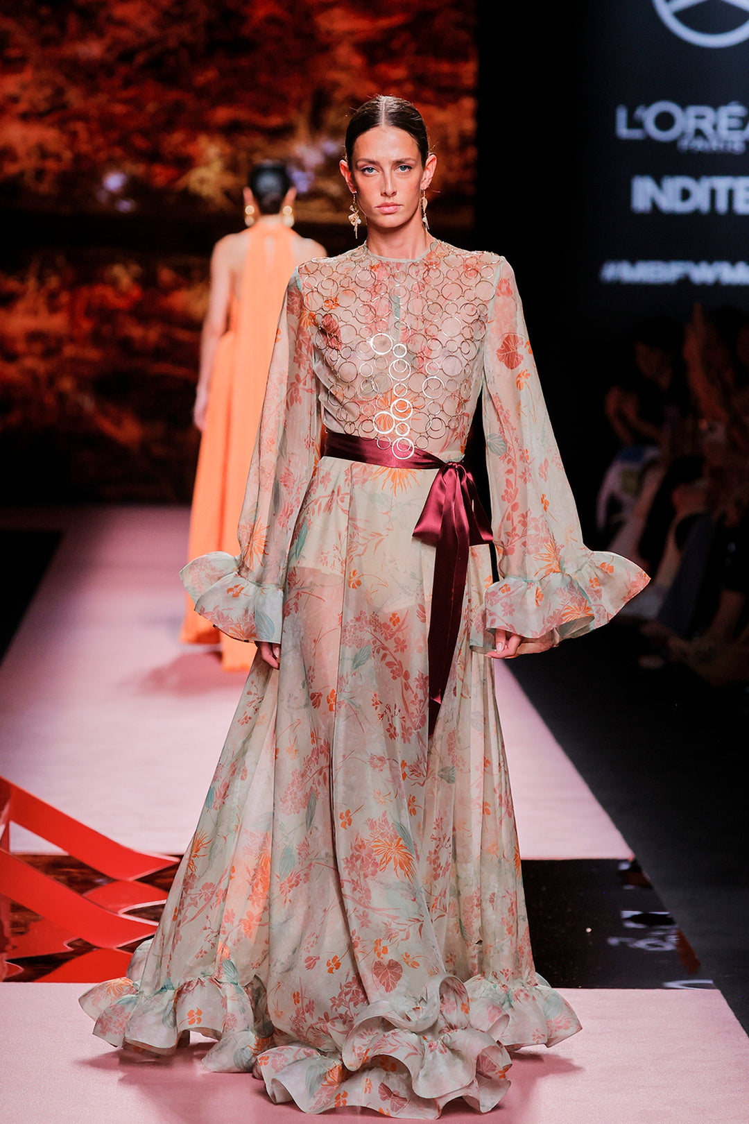 Sheer Floral Dress with Ruffled Sleeves Multicolor / US 4 Sheer Floral Dress with Ruffled Sleeves Multicolor / US 4
