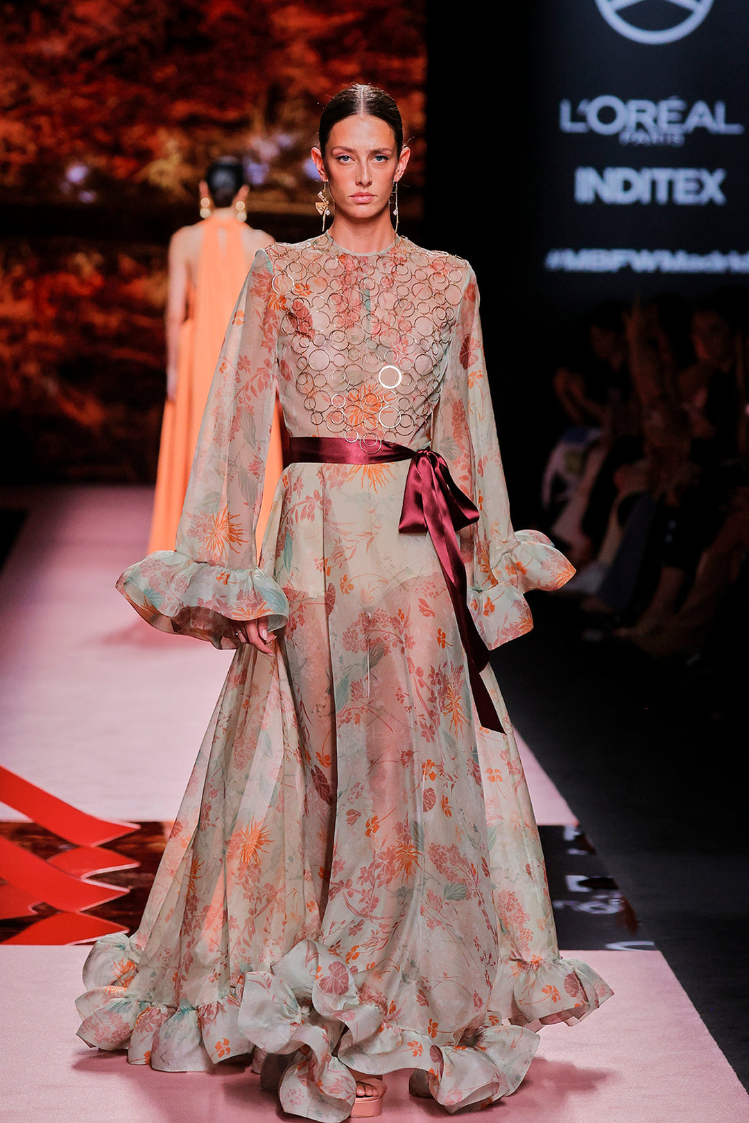 Sheer Floral Dress with Ruffled Sleeves Multicolor / US 12 Sheer Floral Dress with Ruffled Sleeves Multicolor / US 12