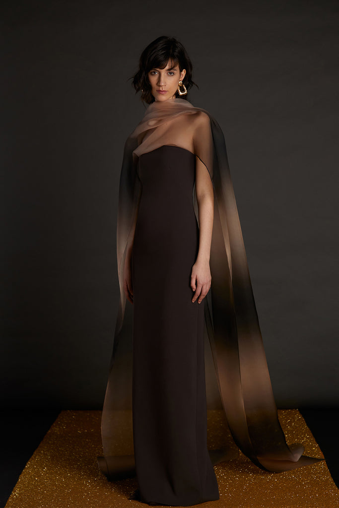 Strapless Organza Dress with Sheer Cape Brown / US 16