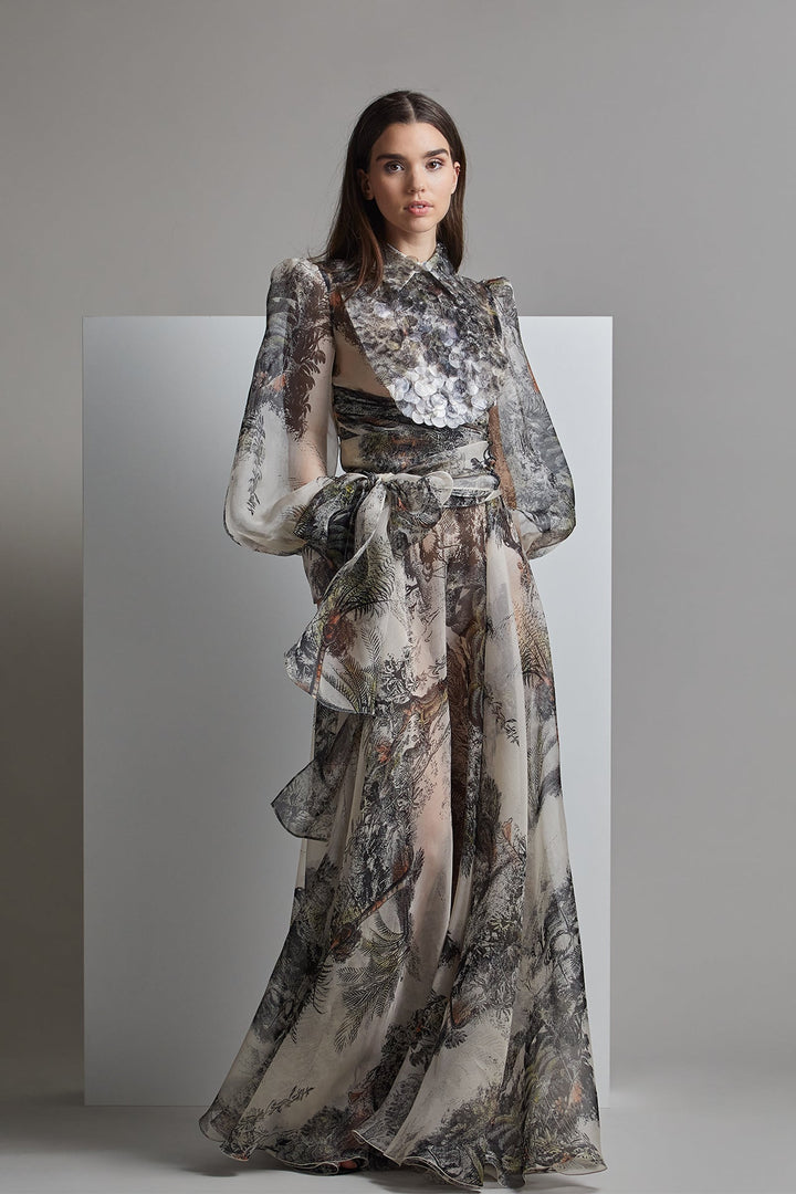 Printed Long-Sleeved A-line Flared Dress