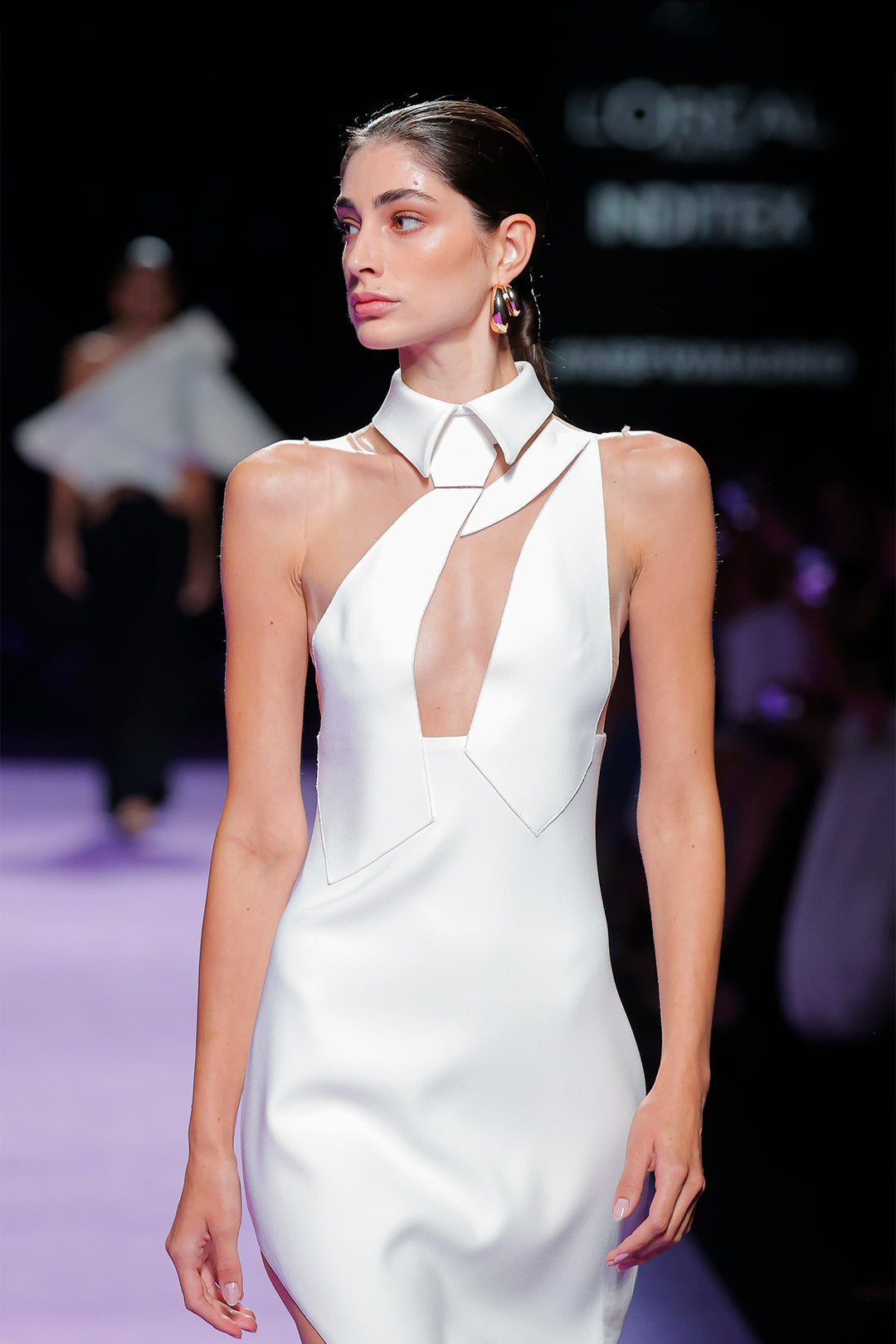 Asymmetric Neckline Dress with Halter Construction and Side Slit