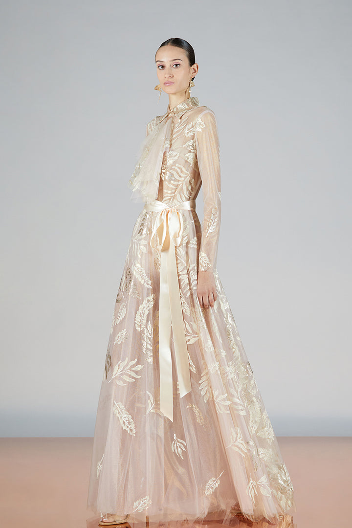 Closed-Neckline Printed A-line Dress