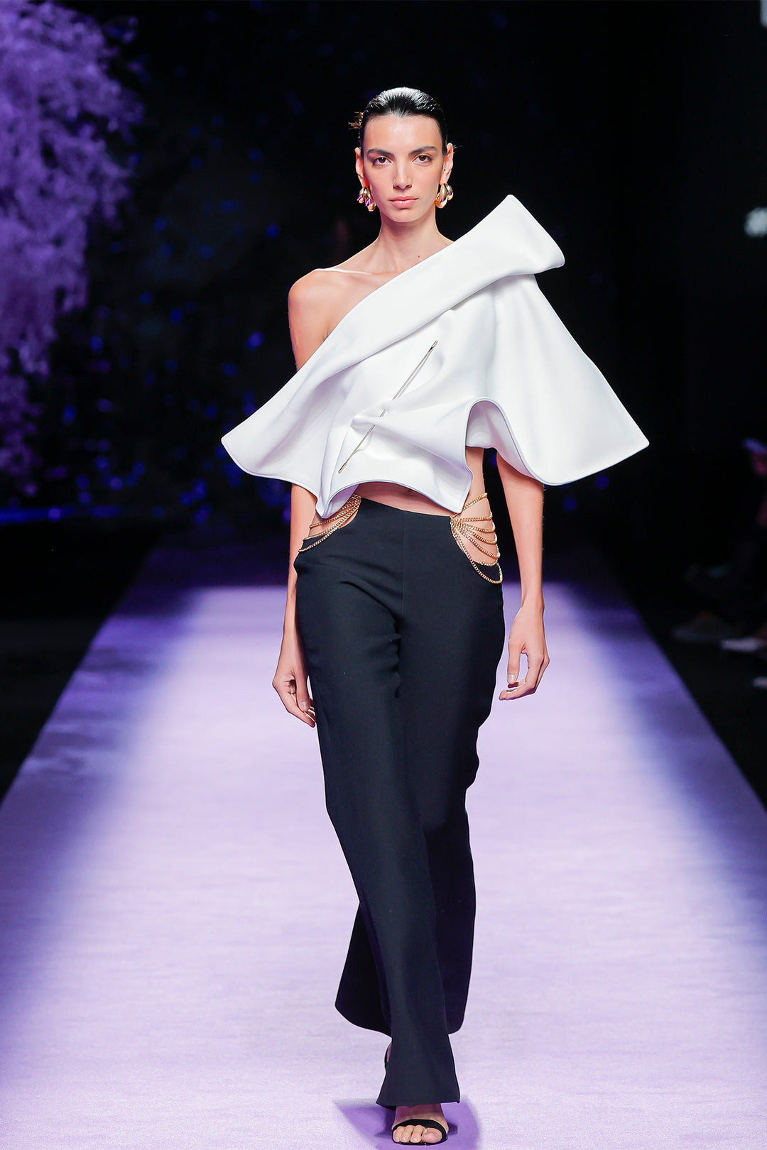 Asymmetric Top with Structural Ruffles and Straight-Leg Trousers