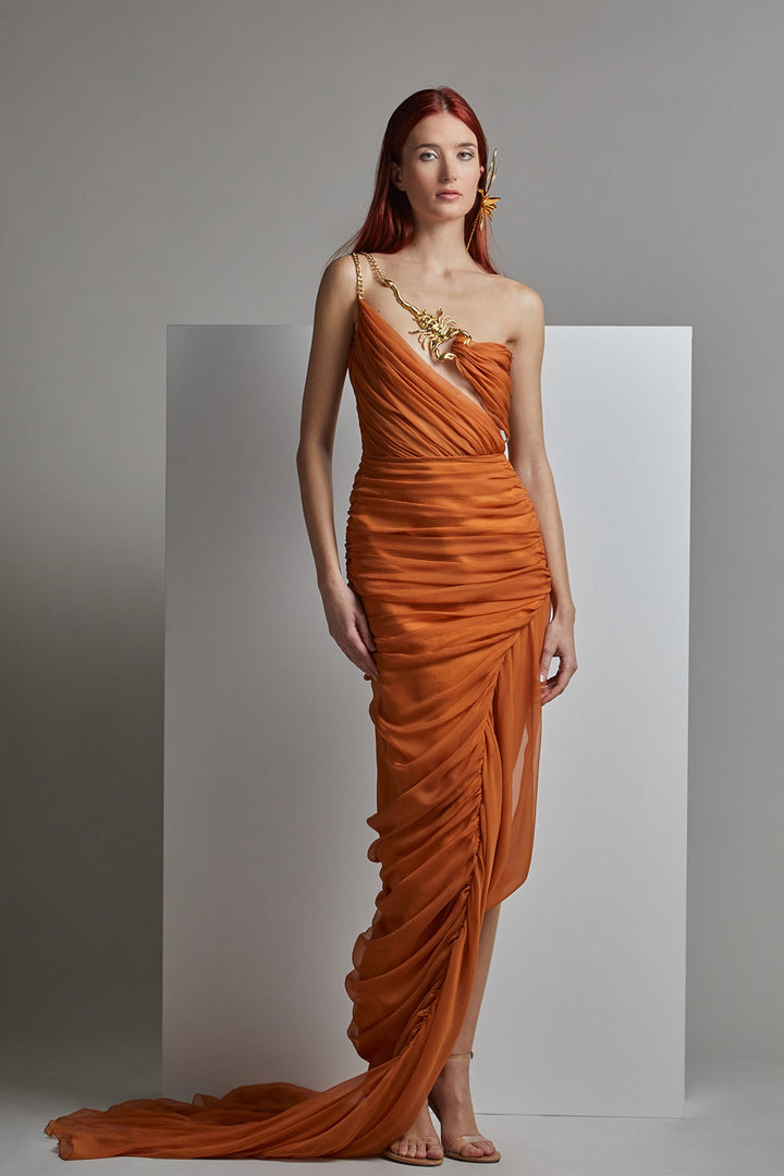 One-Shoulder Draped Fitted Dress