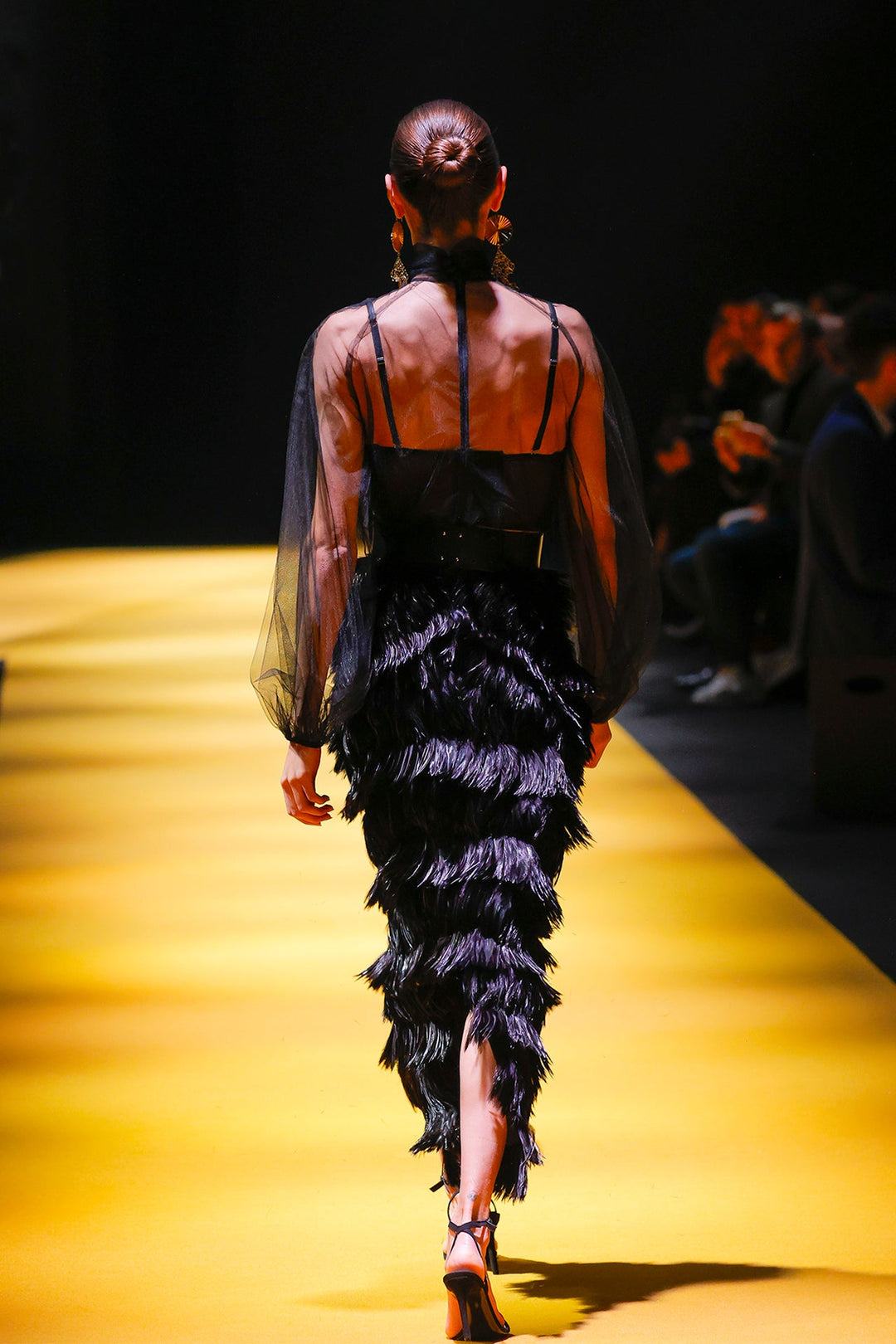 Sheer Tulle Shirt with Corset and Feathered Skirt