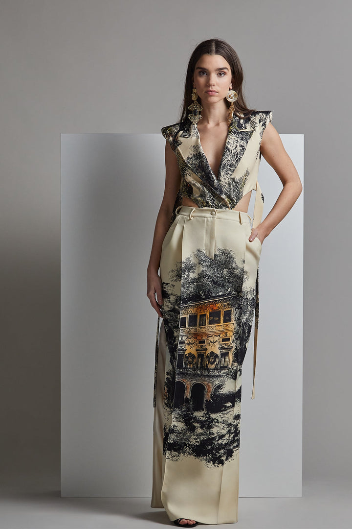 Printed Sleeveless Column Dress with Cutouts