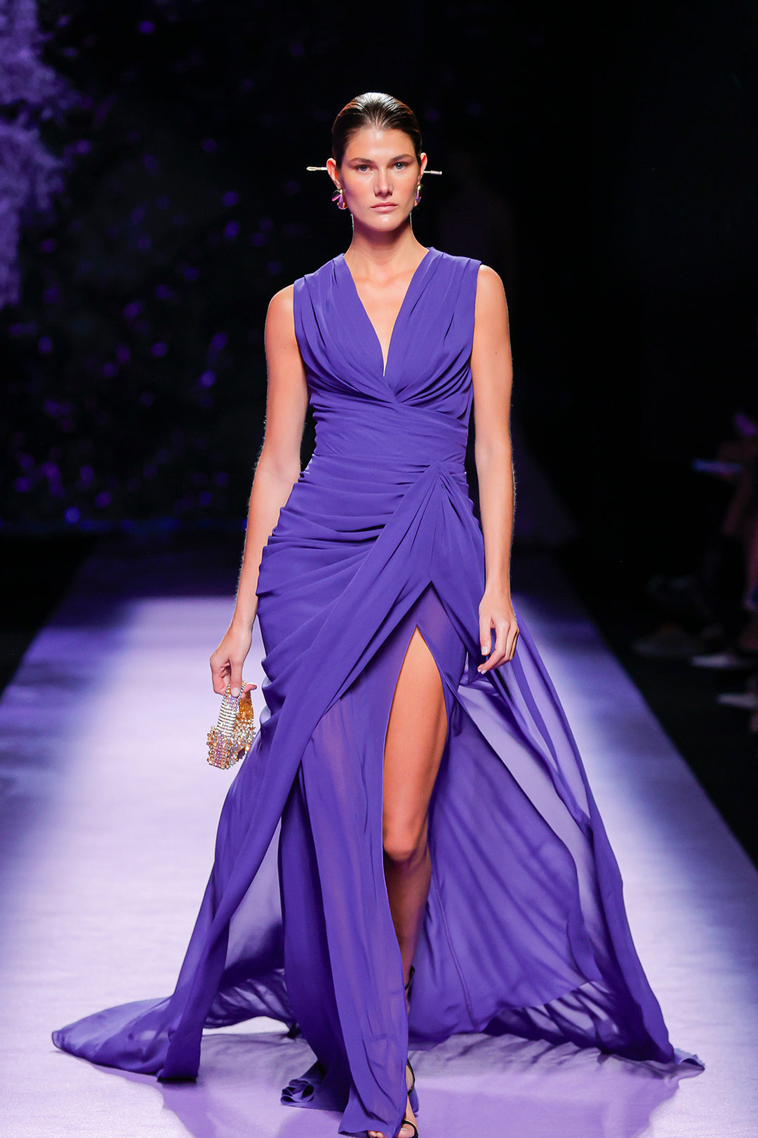 V-Neck Dress with Ruched Bodice, Draped Details, and Front Slit