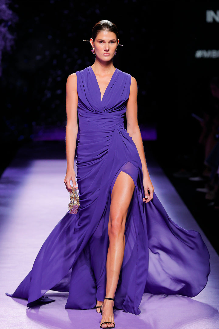 V-Neck Dress with Ruched Bodice, Draped Details, and Front Slit