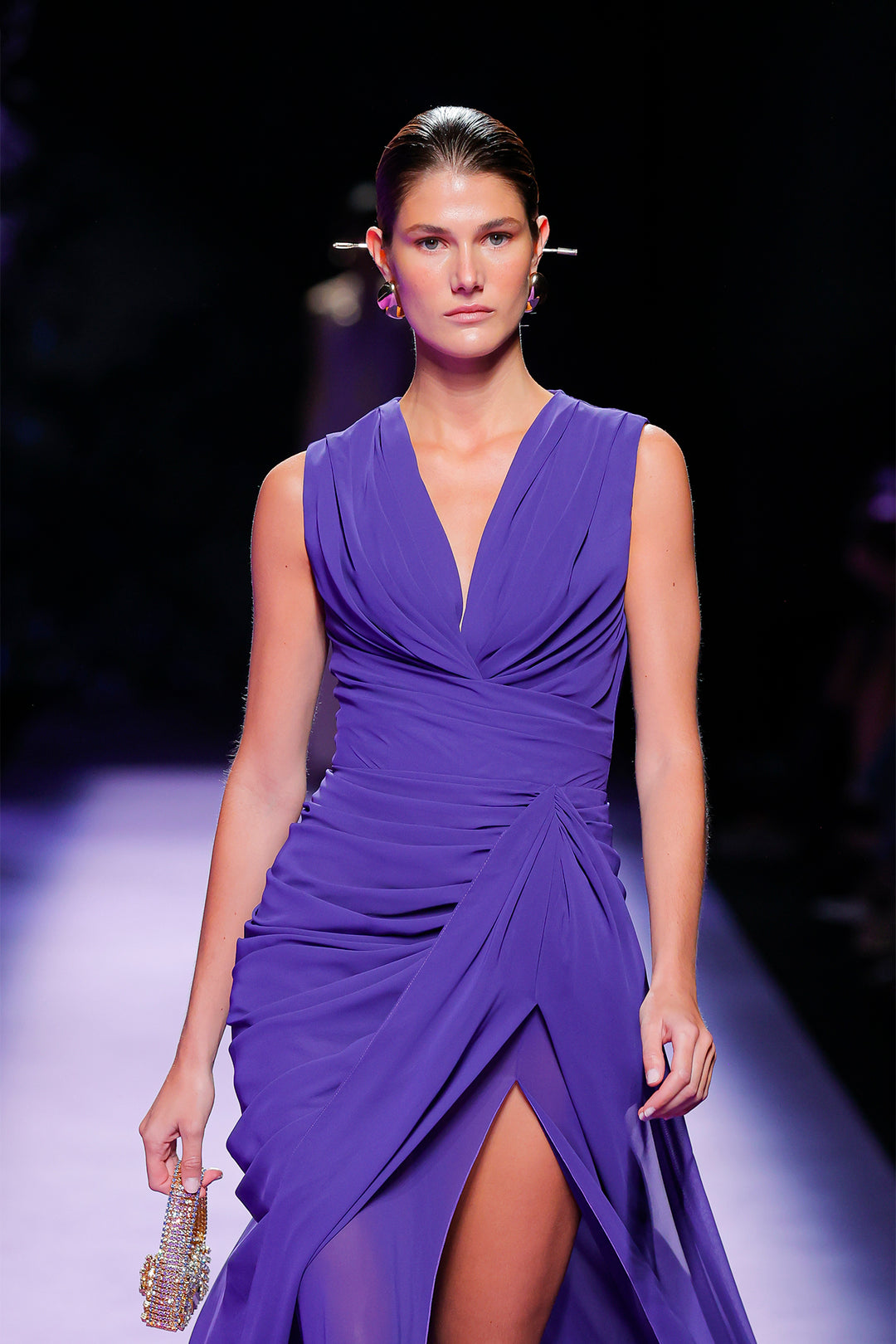 V-Neck Dress with Ruched Bodice, Draped Details, and Front Slit