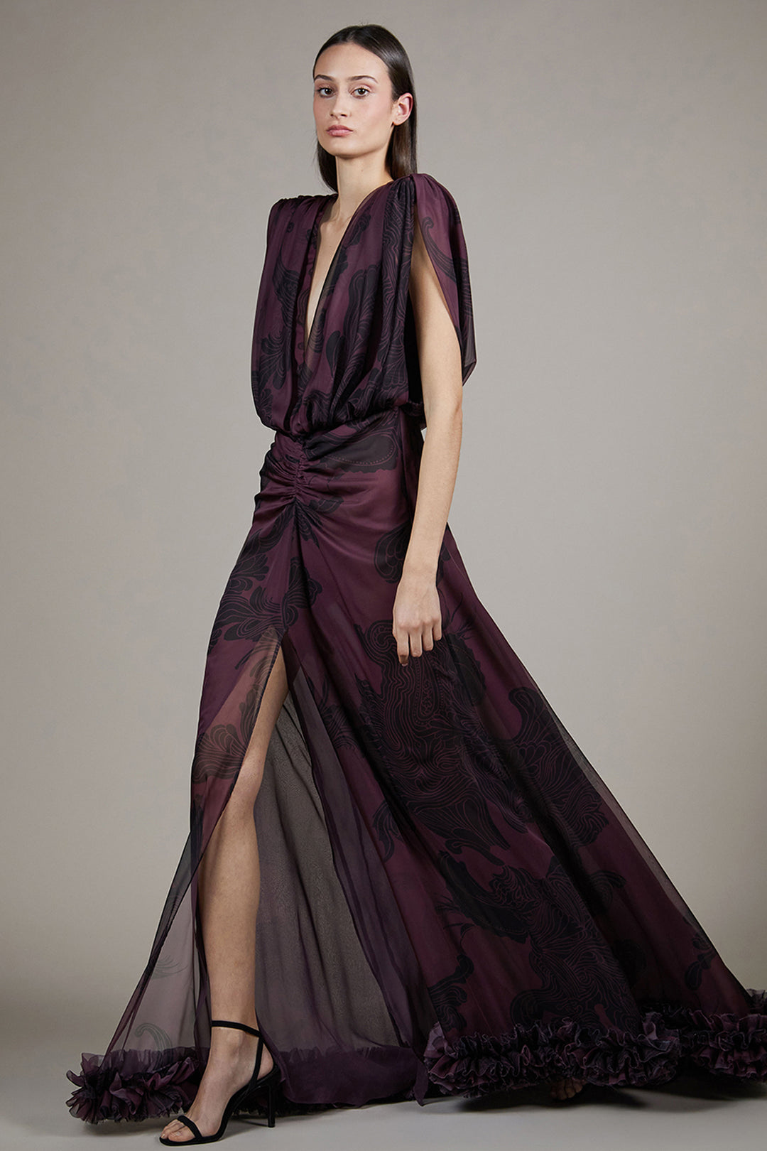 Draped Wing-Sleeved Chiffon Dress Plum / US 10
