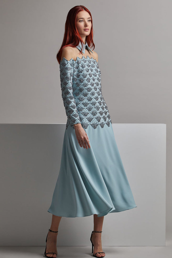 Off-The-Shoulder A-line Midi Dress with Embroidery