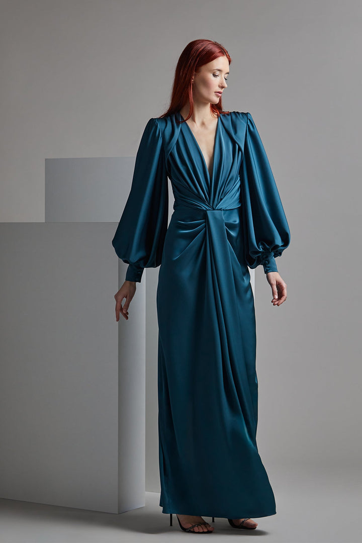 Long-Sleeved Draped Straight-Cut Dress