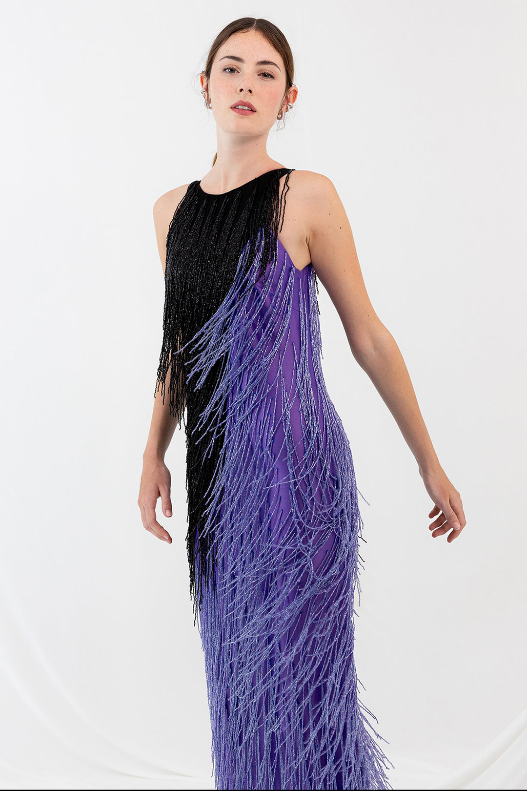 Long Dress with Fluid Drape and Crystal Fringes