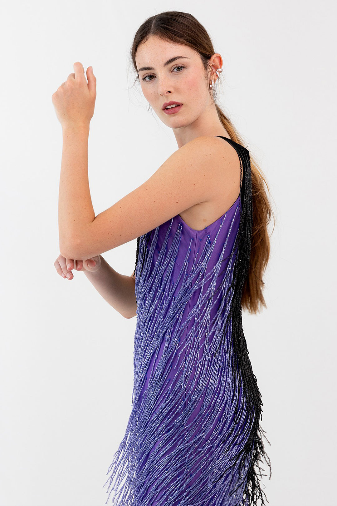 Long Dress with Fluid Drape and Crystal Fringes
