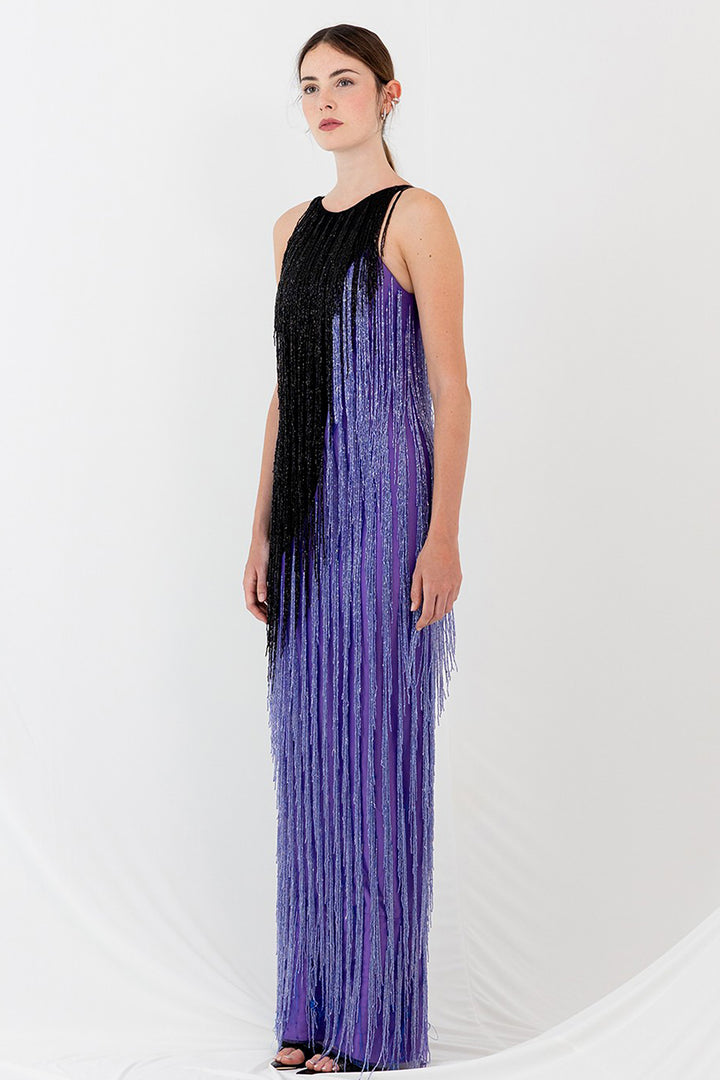 Long Dress with Fluid Drape and Crystal Fringes
