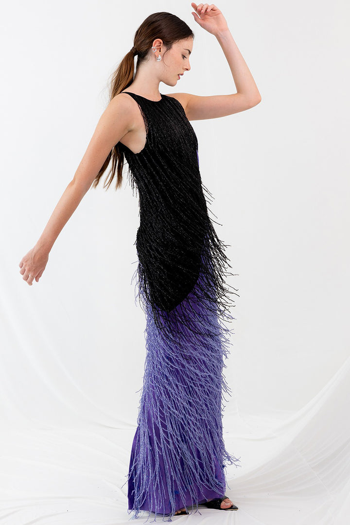 Long Dress with Fluid Drape and Crystal Fringes