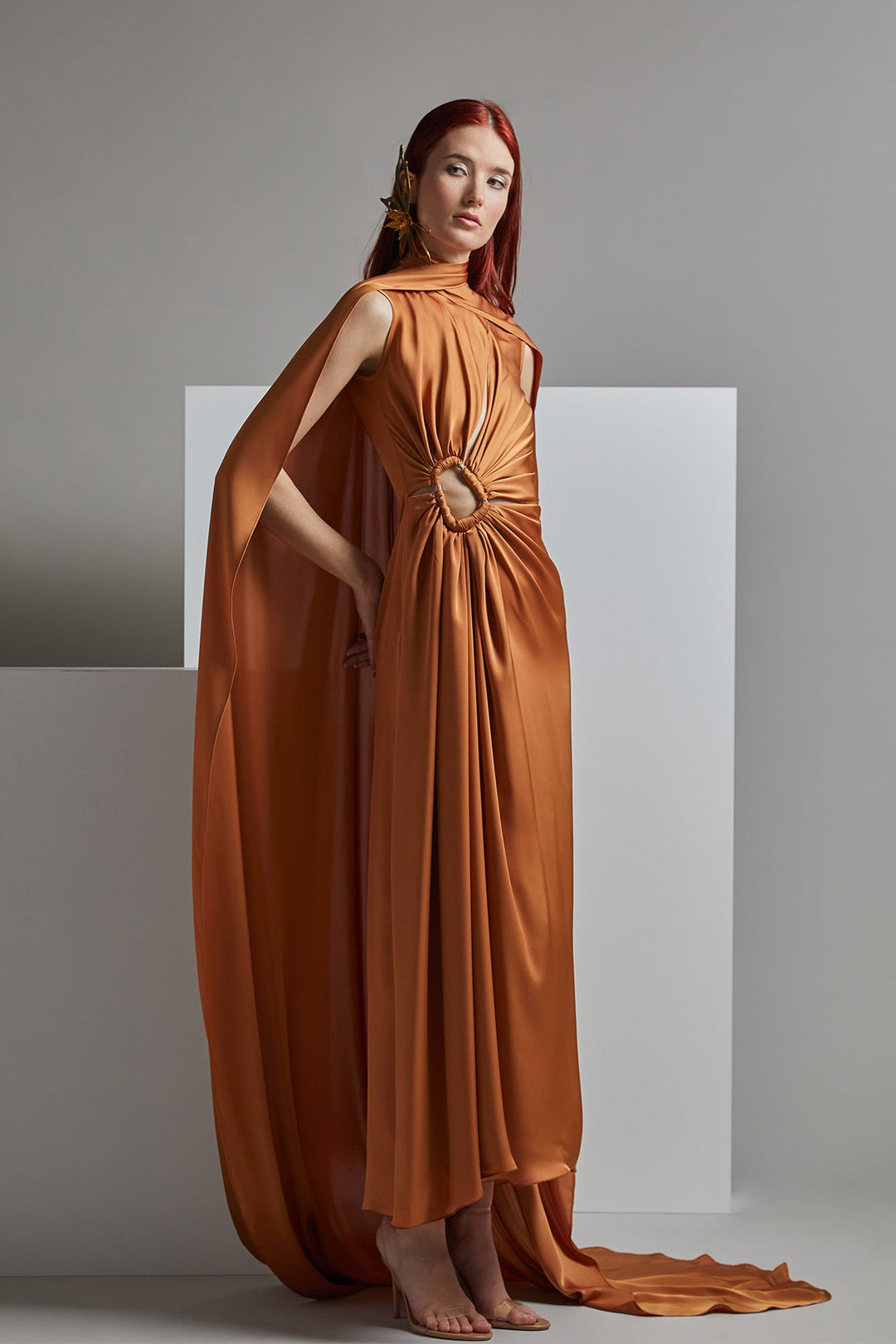 flared cape dress Wavy Crystal Embellished Flared Short Cape And Heart Chest Straight Dress Set XL / Green