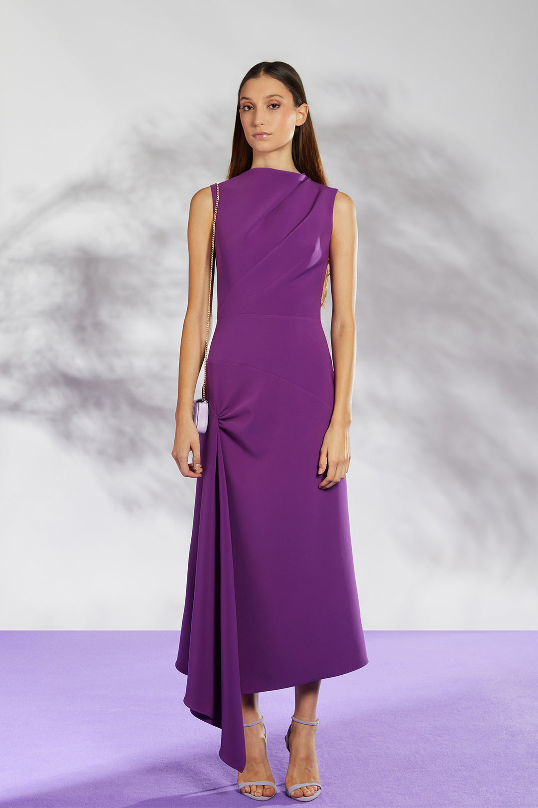 Asymmetrical Draped Midi Dress with Gathered Detail