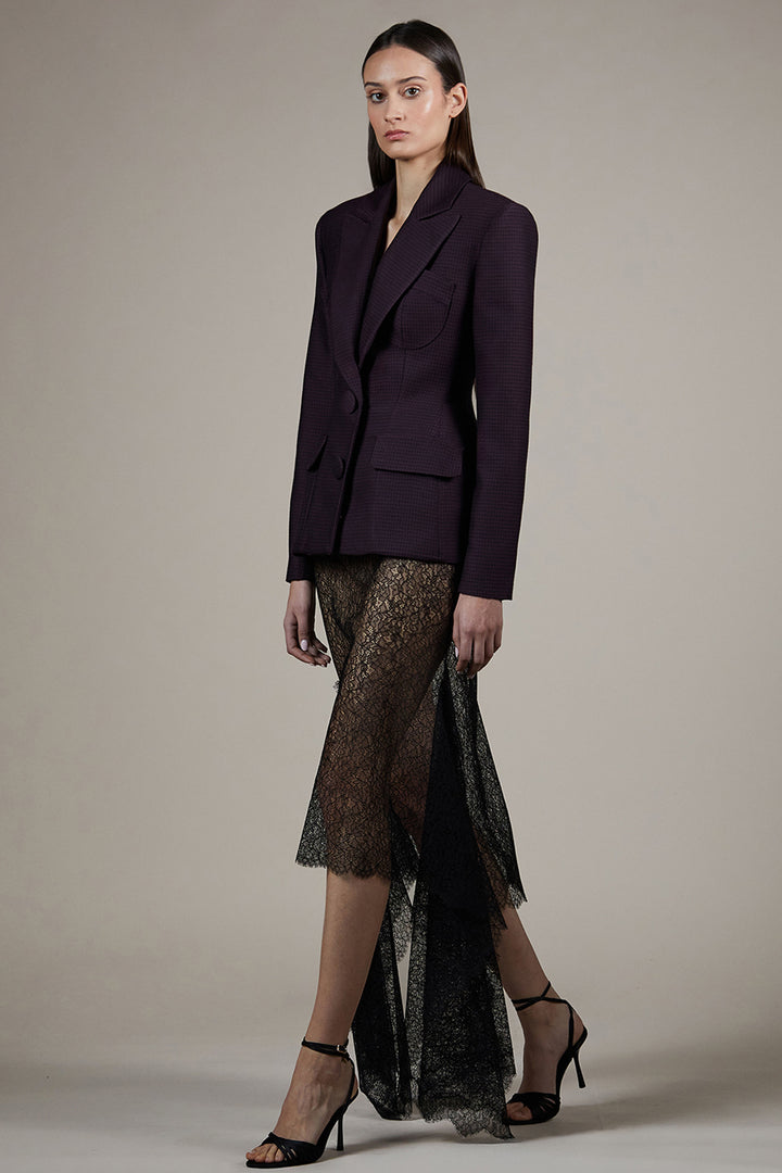 Midi Dress with Sheer Lace Skirt and Tailored Blazer