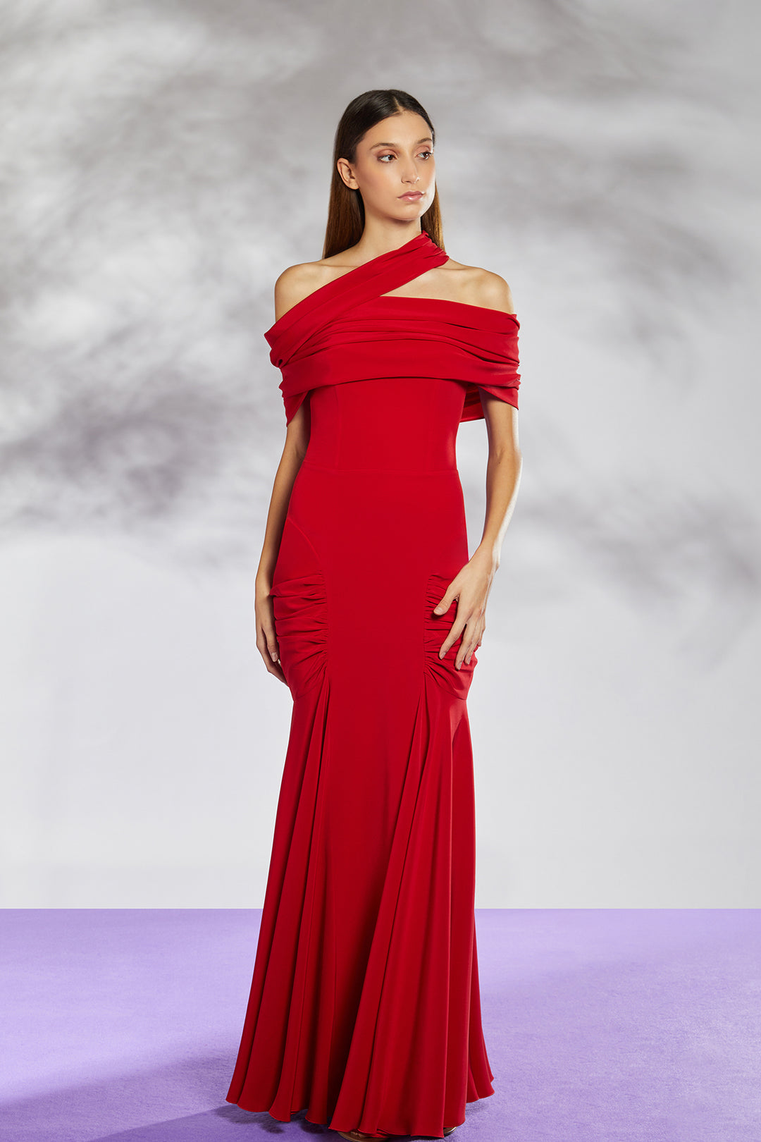 Asymmetrical Neckline Crepe Dress Red / US 16 Asymmetrical Neckline Crepe Dress Red / US 16
