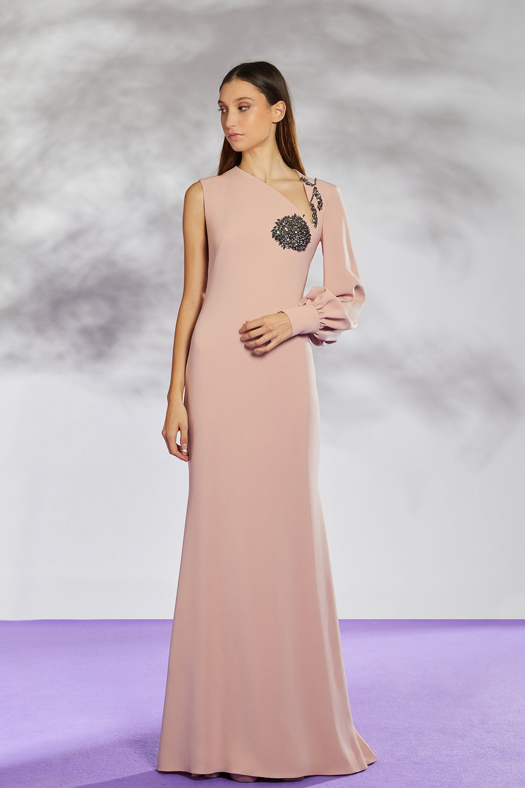 One Sleeve Crepe Dress with Embroidery Nude / US 4 One Sleeve Crepe Dress with Embroidery Nude / US 4