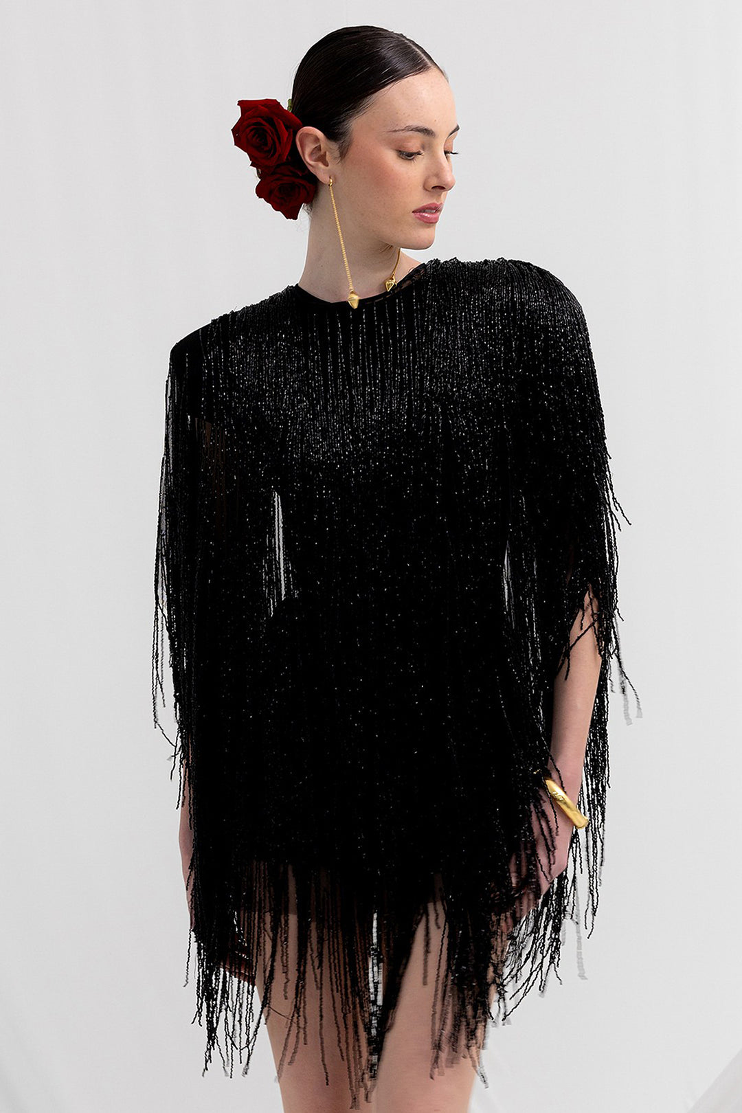 Short Fringe Dress with Shoulder Pads