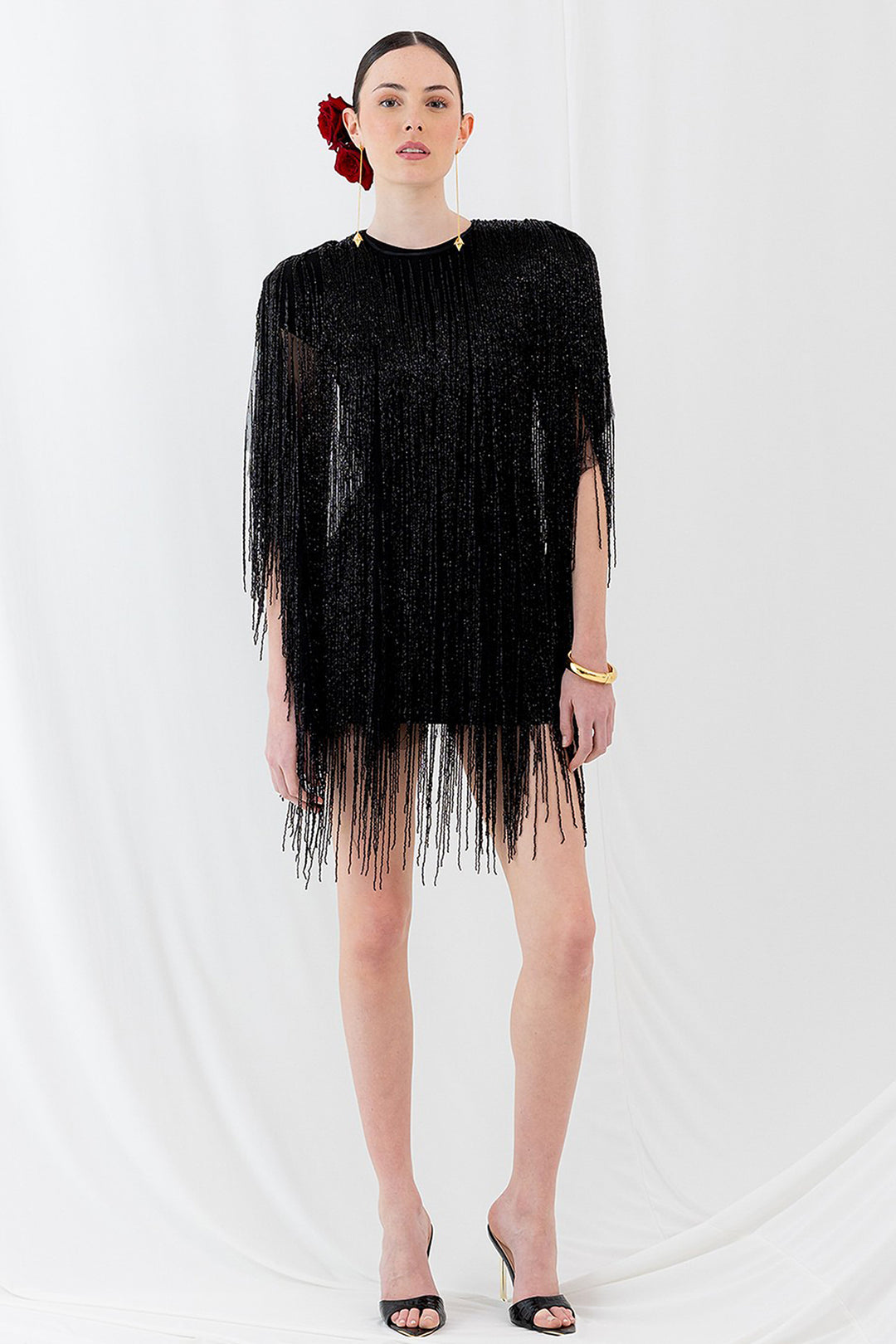 Short Fringe Dress with Shoulder Pads Black / FR 40
