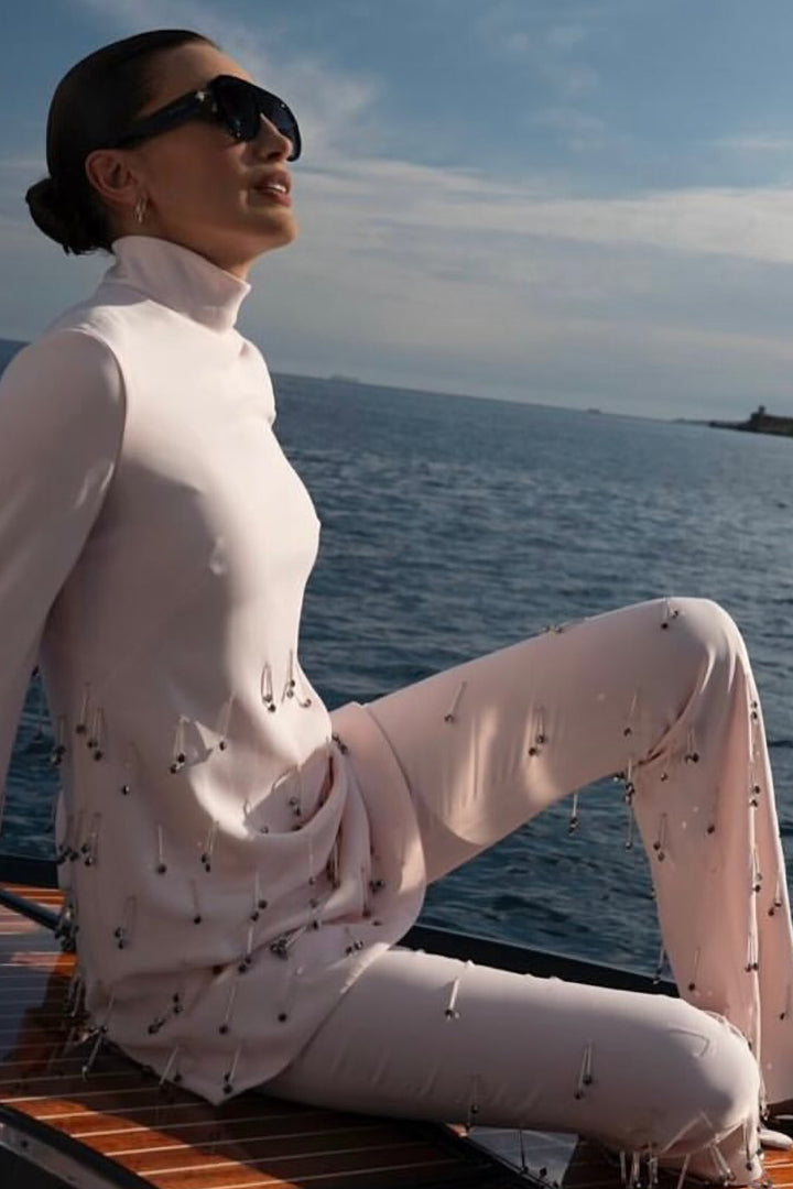 Long-Sleeved Blouse with Flared Pants and Embellishments